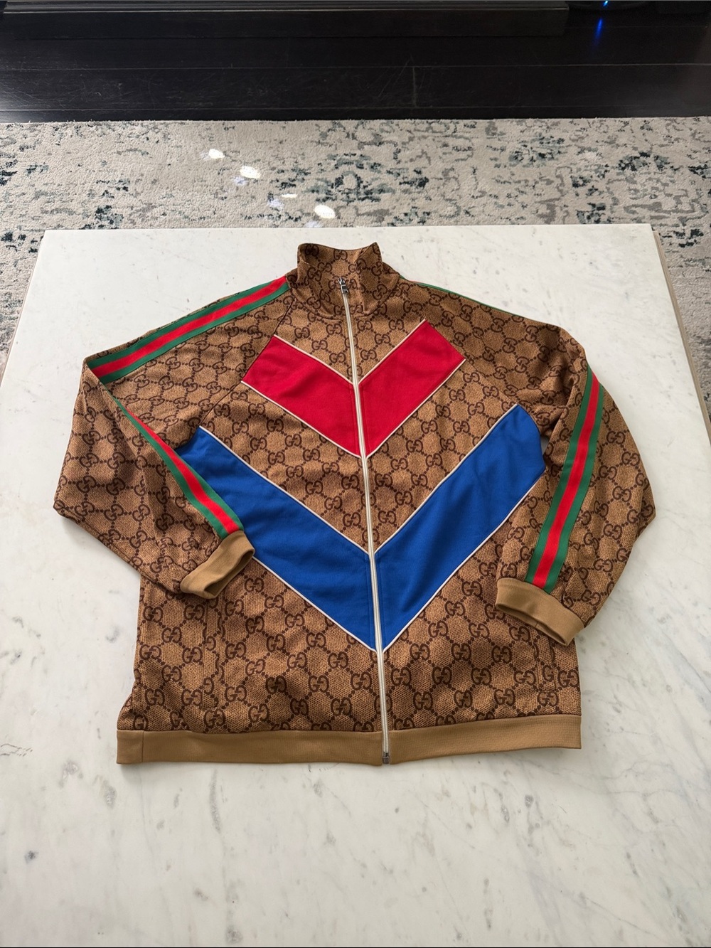Gucci Brown Monogram Bomber Jacket with Red & Blue Chevrons